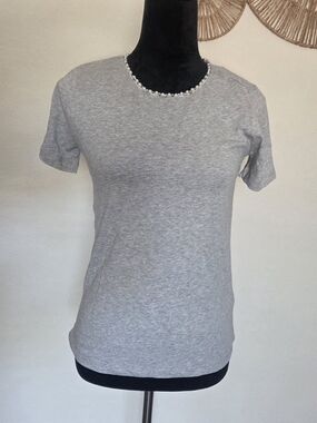 J.Crew Factory Size XS Pearl and Crystal Embellished Tee Gray Elevated Classic